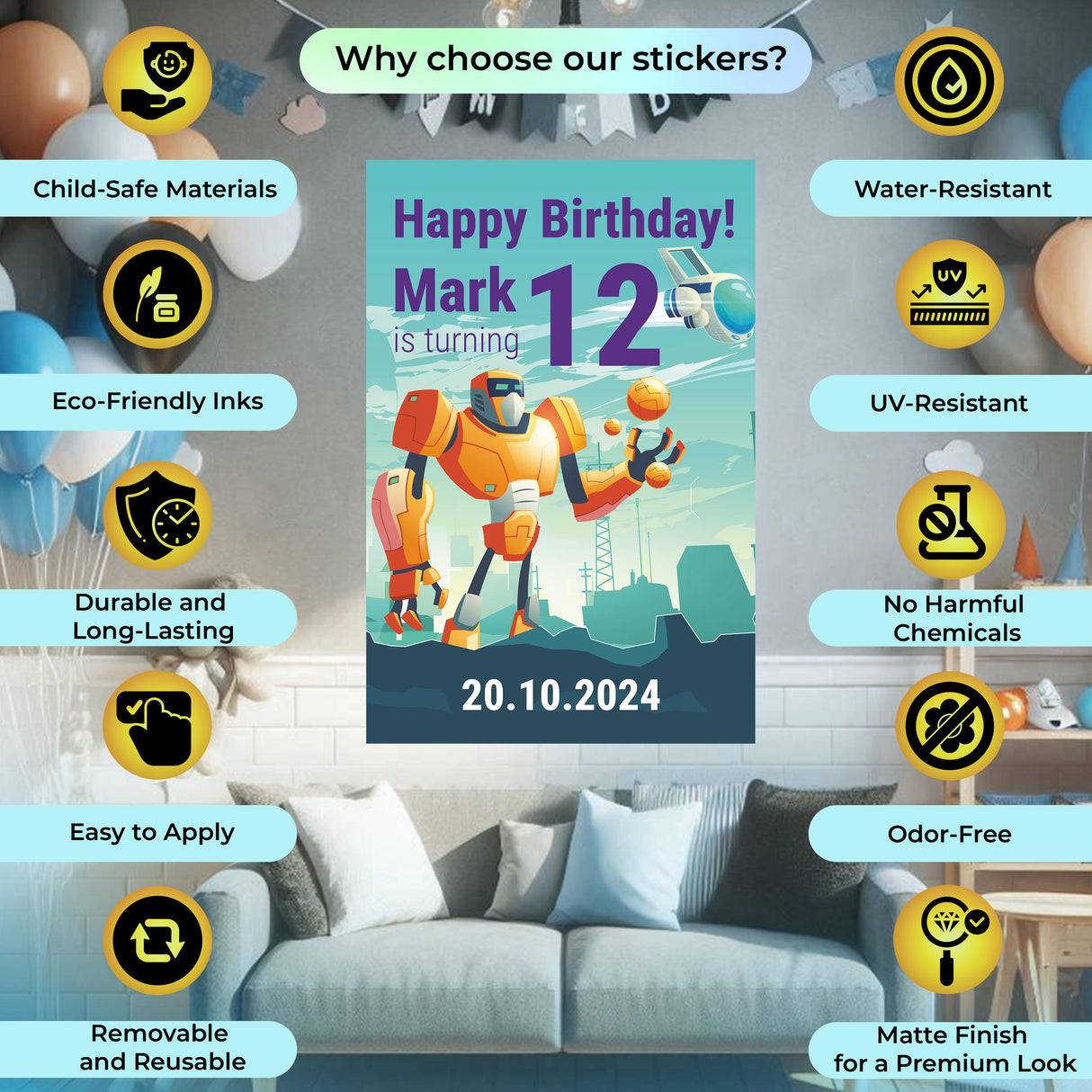 Personalized birthday wall decal featuring robot theme for Mark's 12th birthday celebration with customizable details.