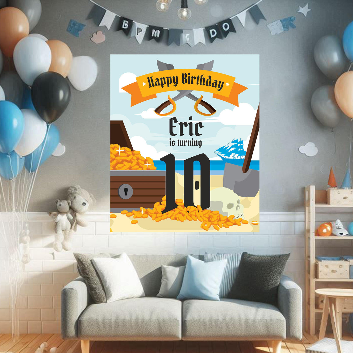 Pirate Treasure Birthday Wall Sticker featuring treasure chest, pirate ship, and personalized name Eric turning 10.