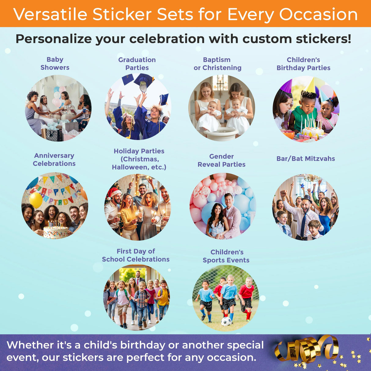 Collage of versatile sticker sets for celebrations: birthdays, graduations, holidays, and more, showcasing personalization.