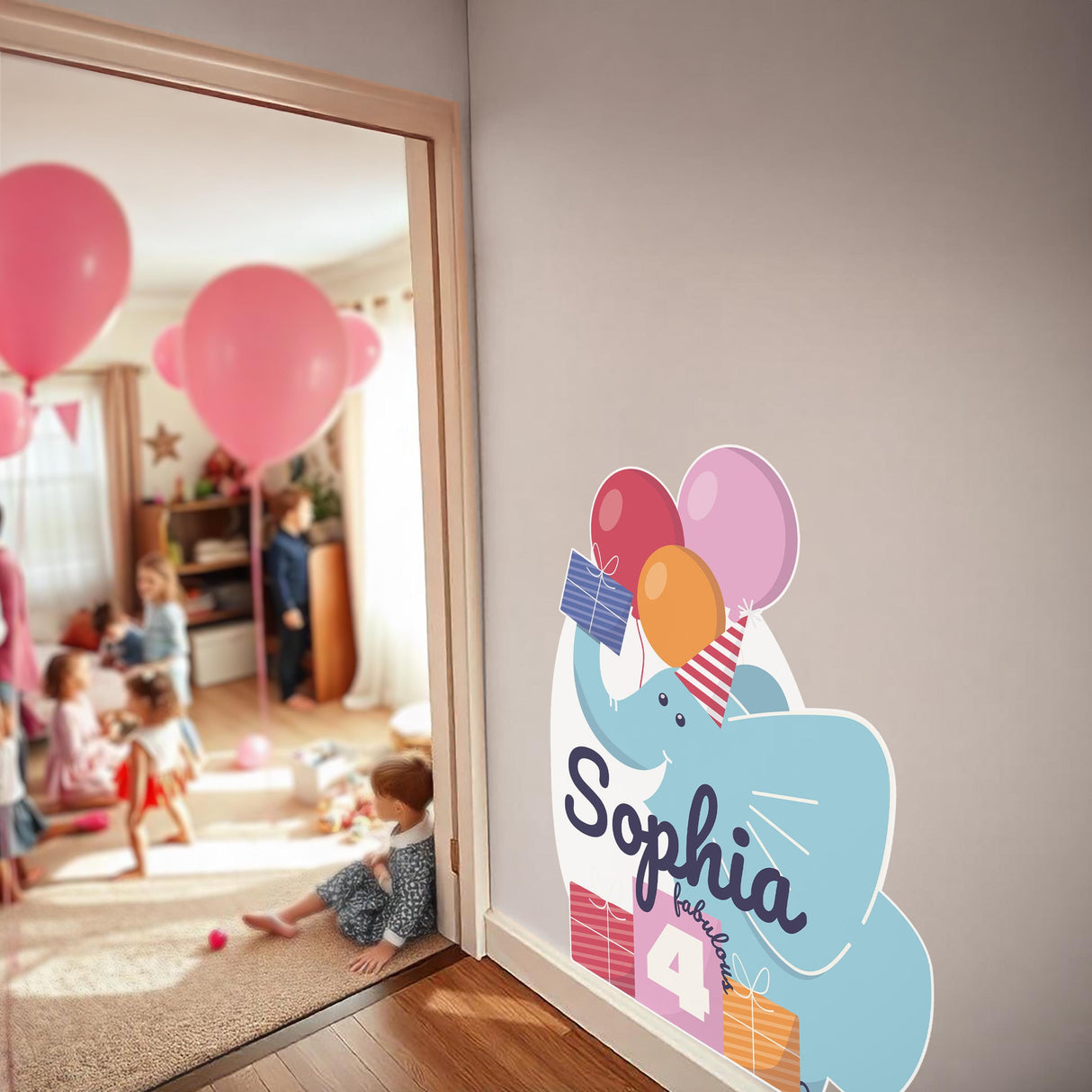 Personalized elephant birthday wall sticker with balloons and gifts for Sophia's 4th birthday party decoration.