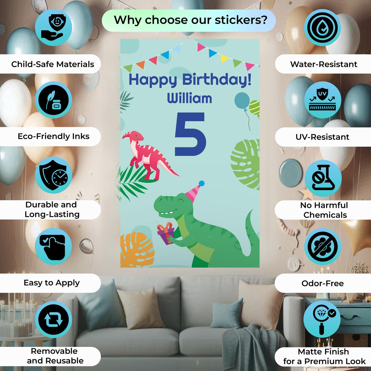 Dinosaur birthday wall sticker featuring a personalized name and age, perfect for kids' party decor with vibrant colors.