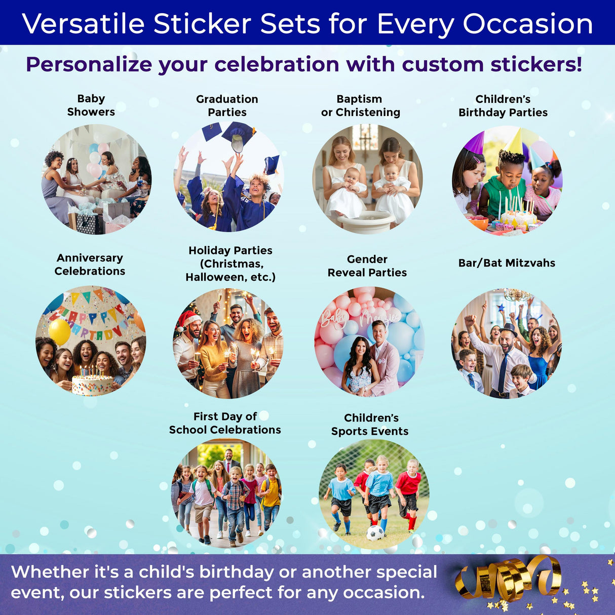 Versatile sticker sets for every occasion, perfect for personalized celebrations like birthdays and anniversaries.