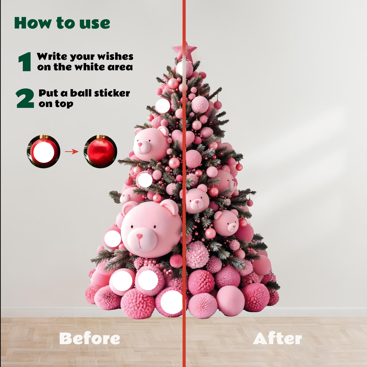 Pink Teddy Bear Christmas Tree Wall Decal | Personalized Holiday Sticker | Write Your Wishes | Kids Room Christmas Decor Vinyl Wall Art *!