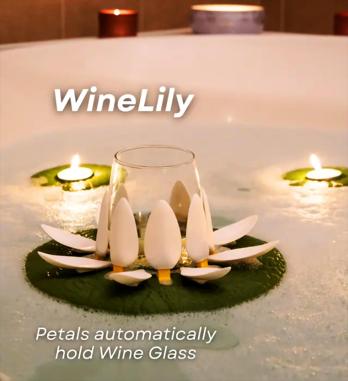 Floating WineLily with wine glass in a bathtub, designed for holding glasses and enhancing bath relaxation.