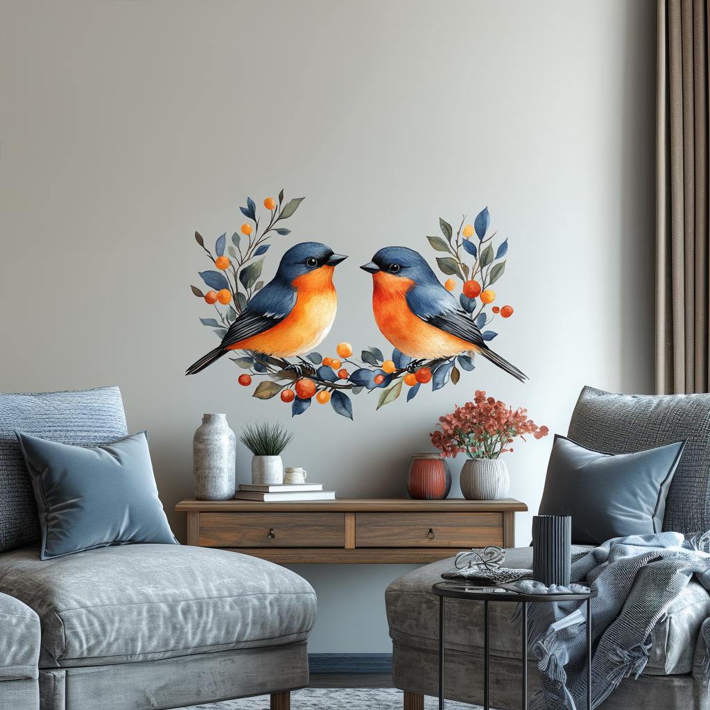 Illustration of two blue and orange birds on branches in a cozy living room with decorative pillows and a coffee table.