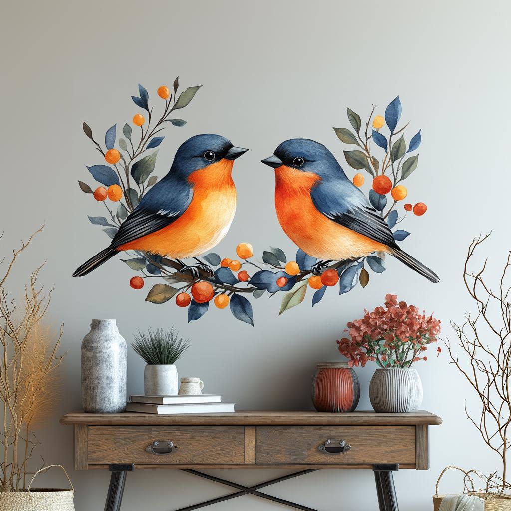 Blue and orange bird wall decal on a wall, surrounded by floral branches, ideal for home decor.