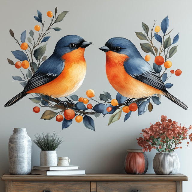 Vibrant blue and orange bird wall decal, featuring perched birds on berry branches for nature-inspired home decor.