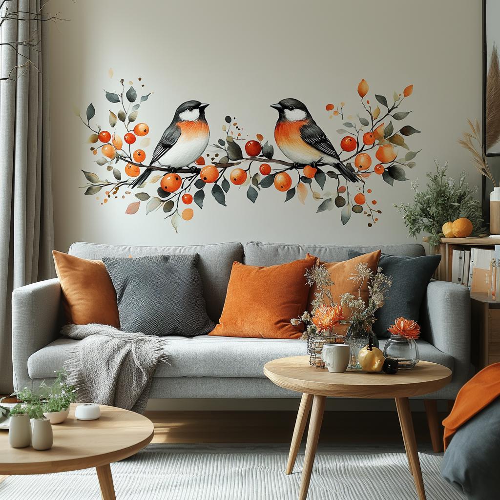 Autumn bird wall decal featuring two birds perched on an orange berry branch, perfect for cozy fall decor.