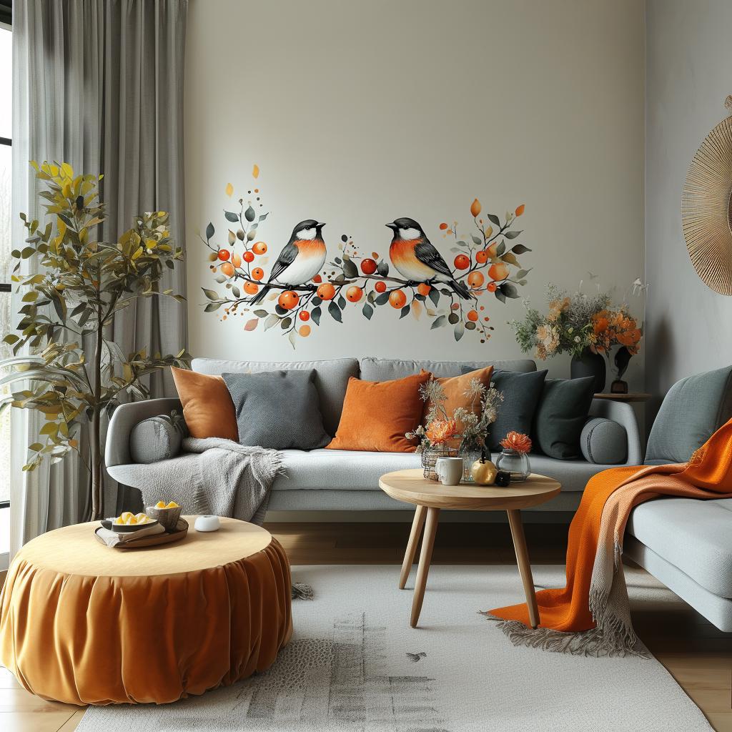 Autumn bird wall decal featuring two lifelike birds and orange berries, enhancing cozy living room decor.