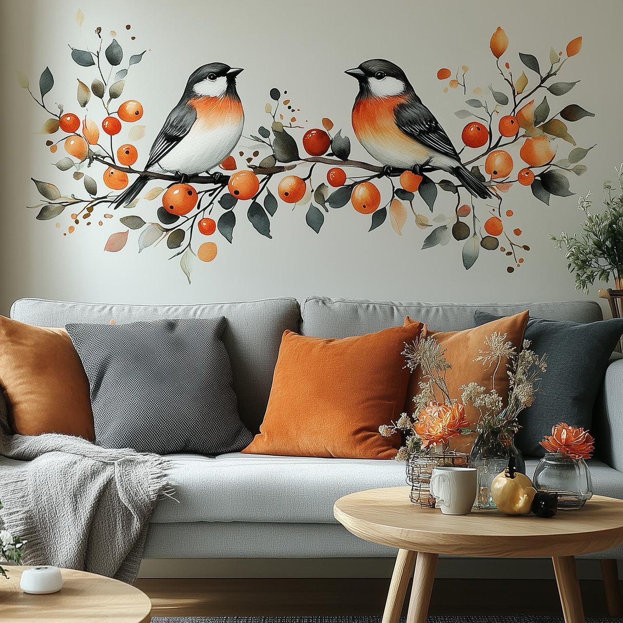 Autumn bird wall decal featuring two birds and orange berries above a cozy couch with orange and gray cushions.