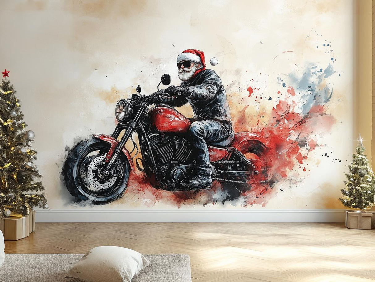 Biker Santa Wall Mural | Cool Christmas Decor | Santa on Motorcycle Wall Art | Festive Holiday Wall Sticker | Unique Christmas Decoration