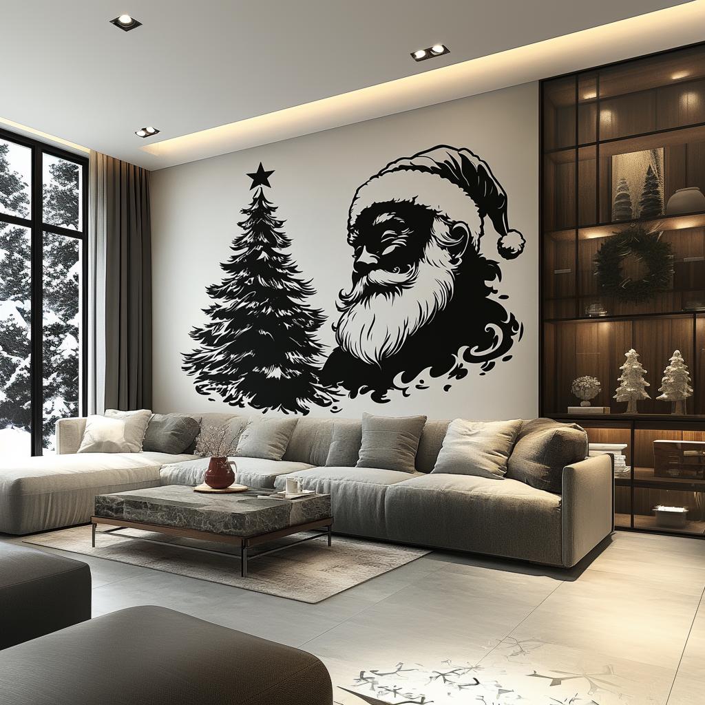 Elegant black-and-white Santa and Christmas tree wall mural in modern living room decor for festive ambiance.