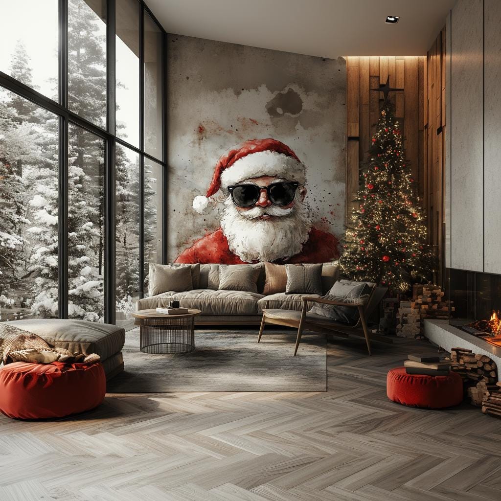 Cozy living room with a Santa Claus wall mural, modern decor, and festive tree, creating a unique holiday atmosphere.