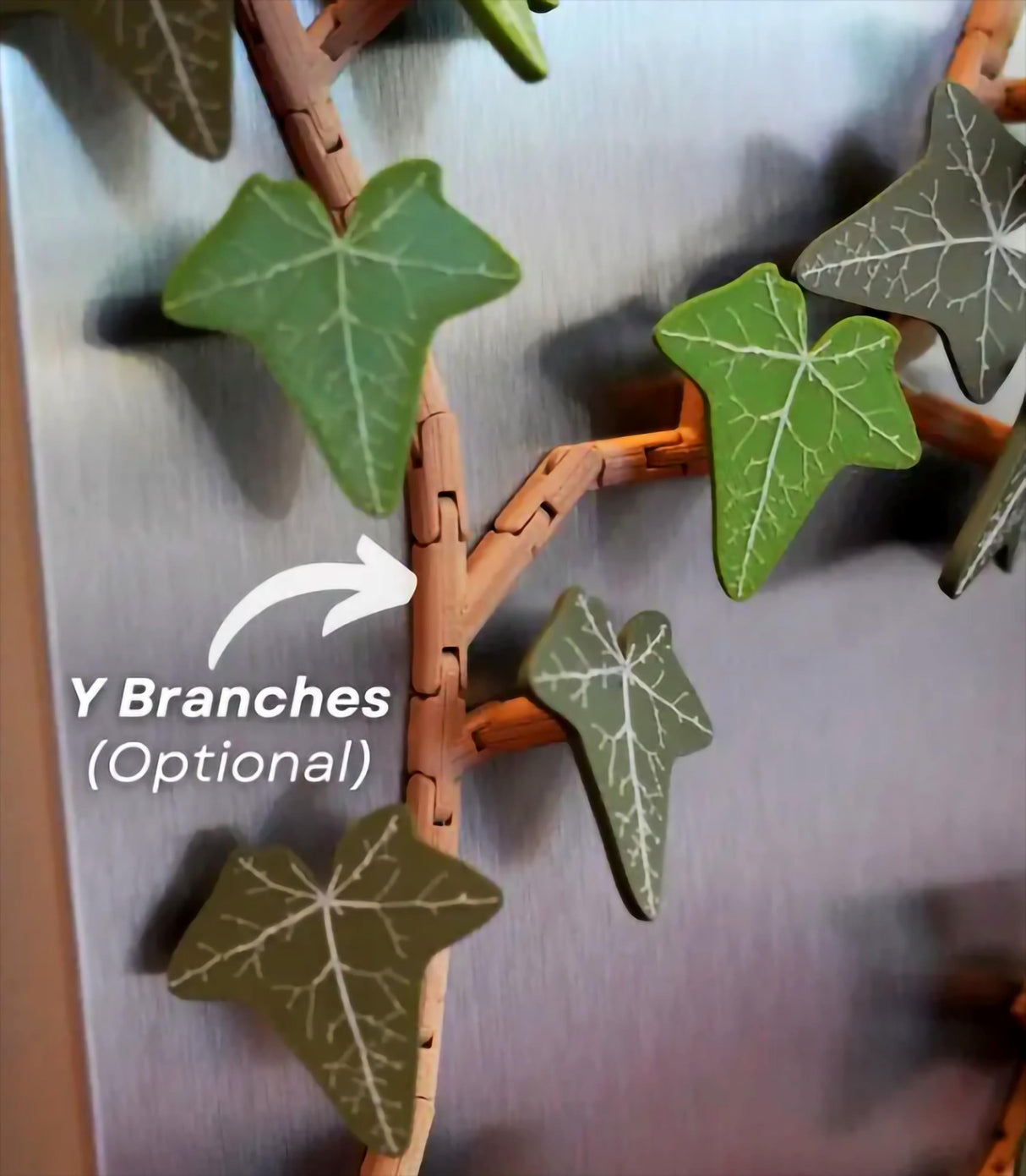 Close-up of flexible English Ivy fridge magnet, showcasing optional Y branches for customizable designs.