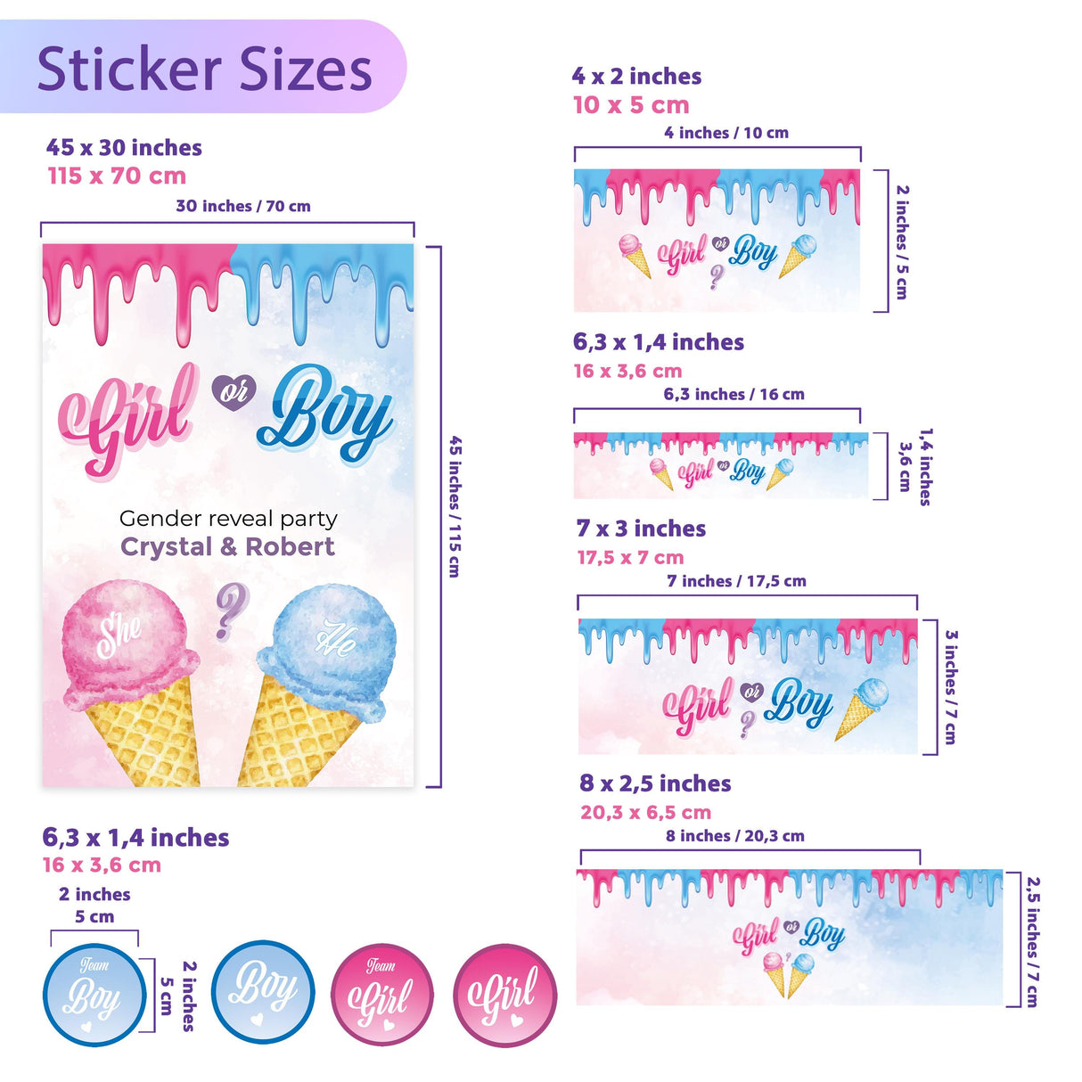 Sticker size guide for personalized gender reveal party decals with ice cream theme.