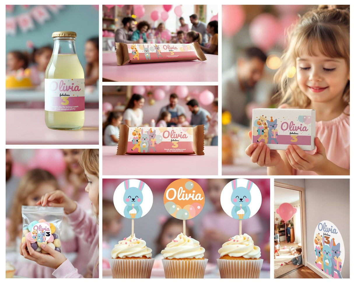 Personalized kids party decor featuring animal-themed stickers with custom name 'Olivia', designed for a birthday celebration.