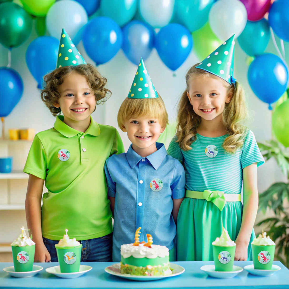 Children celebrating a dinosaur-themed birthday party with colorful decorations, fun hats, and a decorated cake.