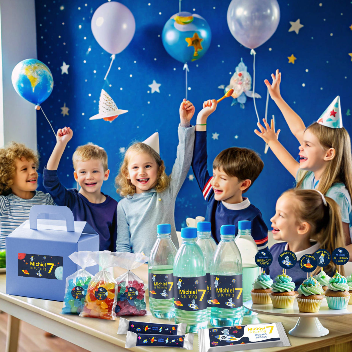 Kids celebrating at a space-themed birthday party with personalized decorations, balloons, and treats.