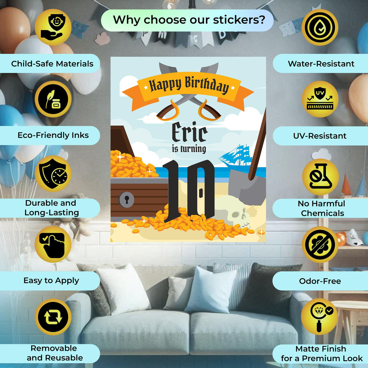 Colorful pirate birthday wall decal featuring personalized text for Eric's 10th birthday celebration.