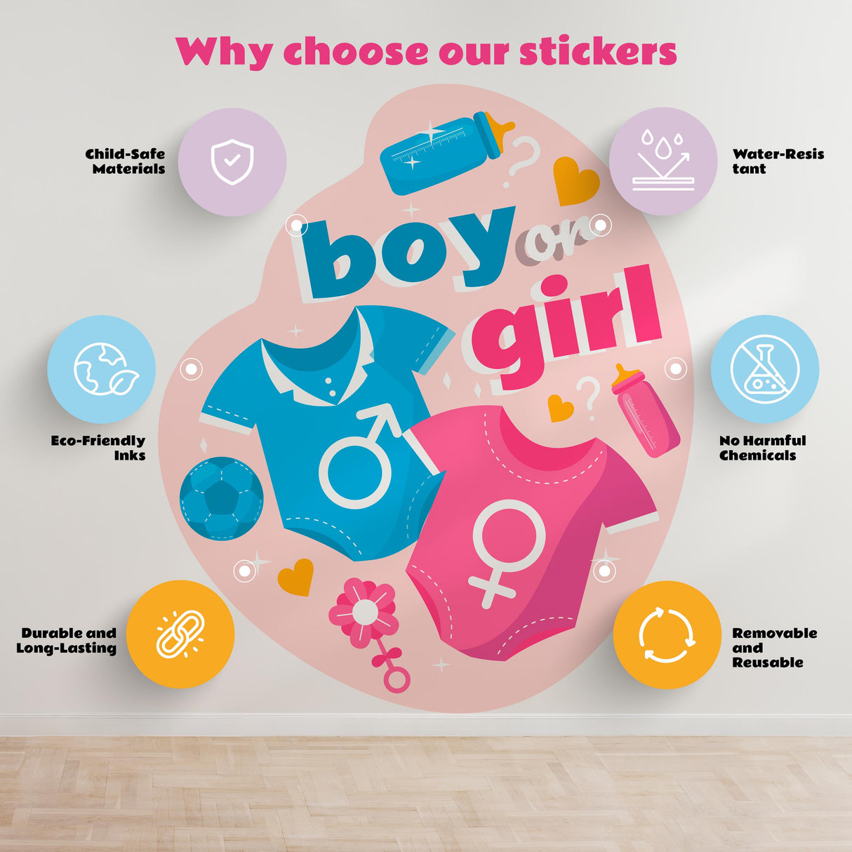 Colorful boy or girl stickers showcasing features like child-safe materials and eco-friendly inks for gender reveal parties.