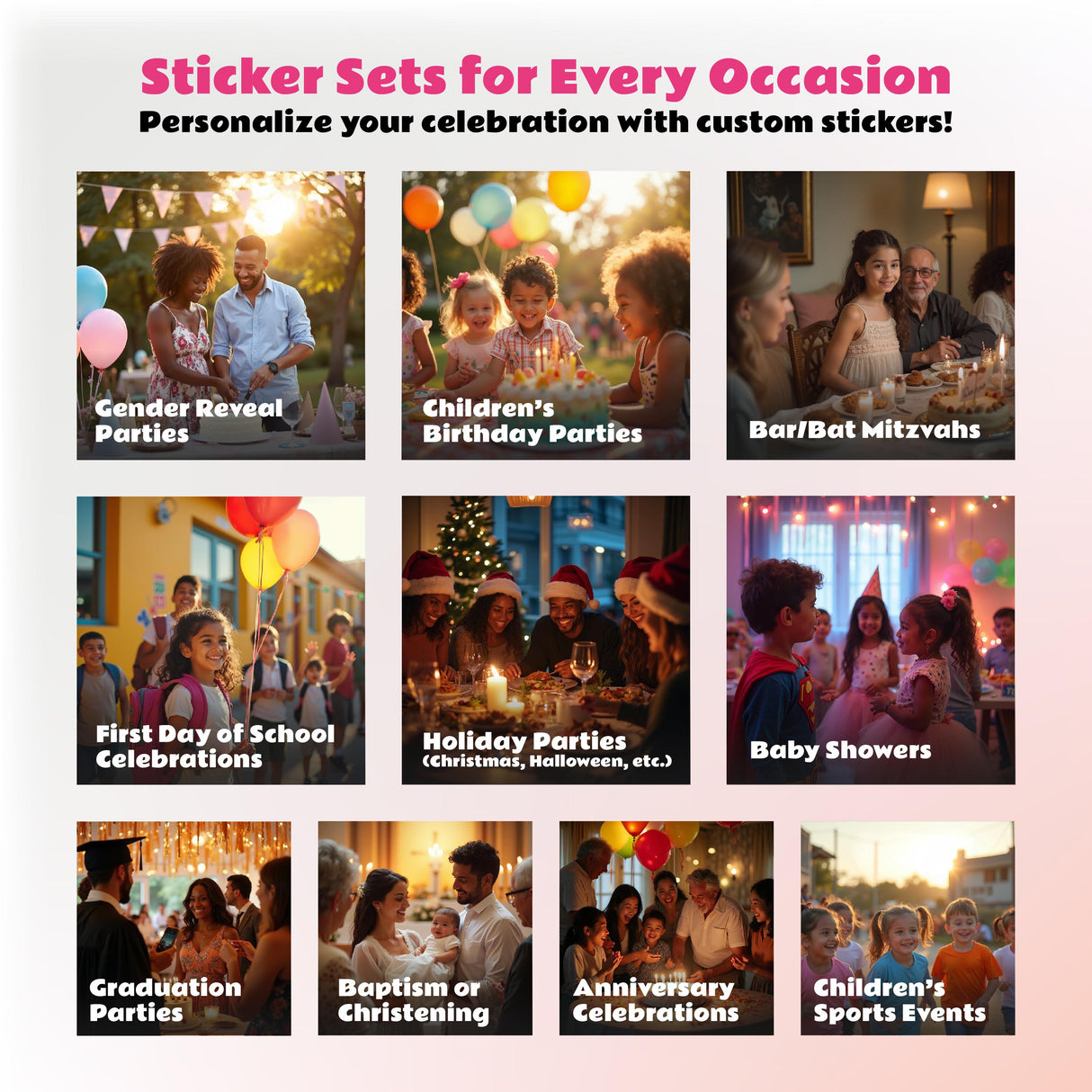 Collage of celebration stickers for occasions like gender reveal, birthdays, and baby showers.