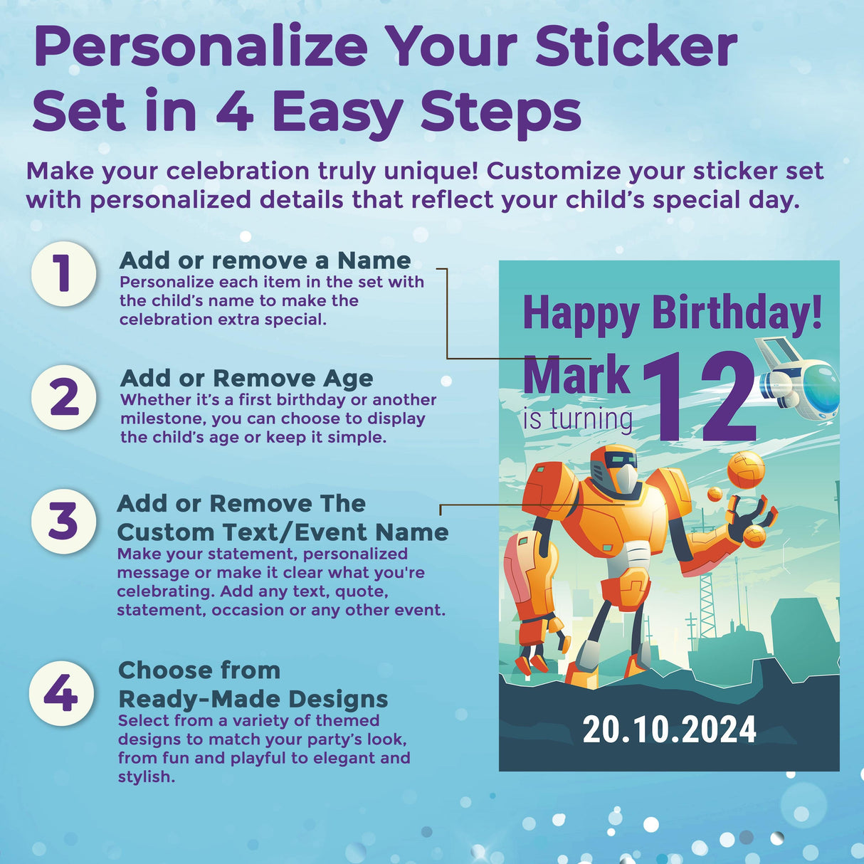 Infographic showing 4 easy steps to personalize a robot themed birthday sticker set for a unique celebration.