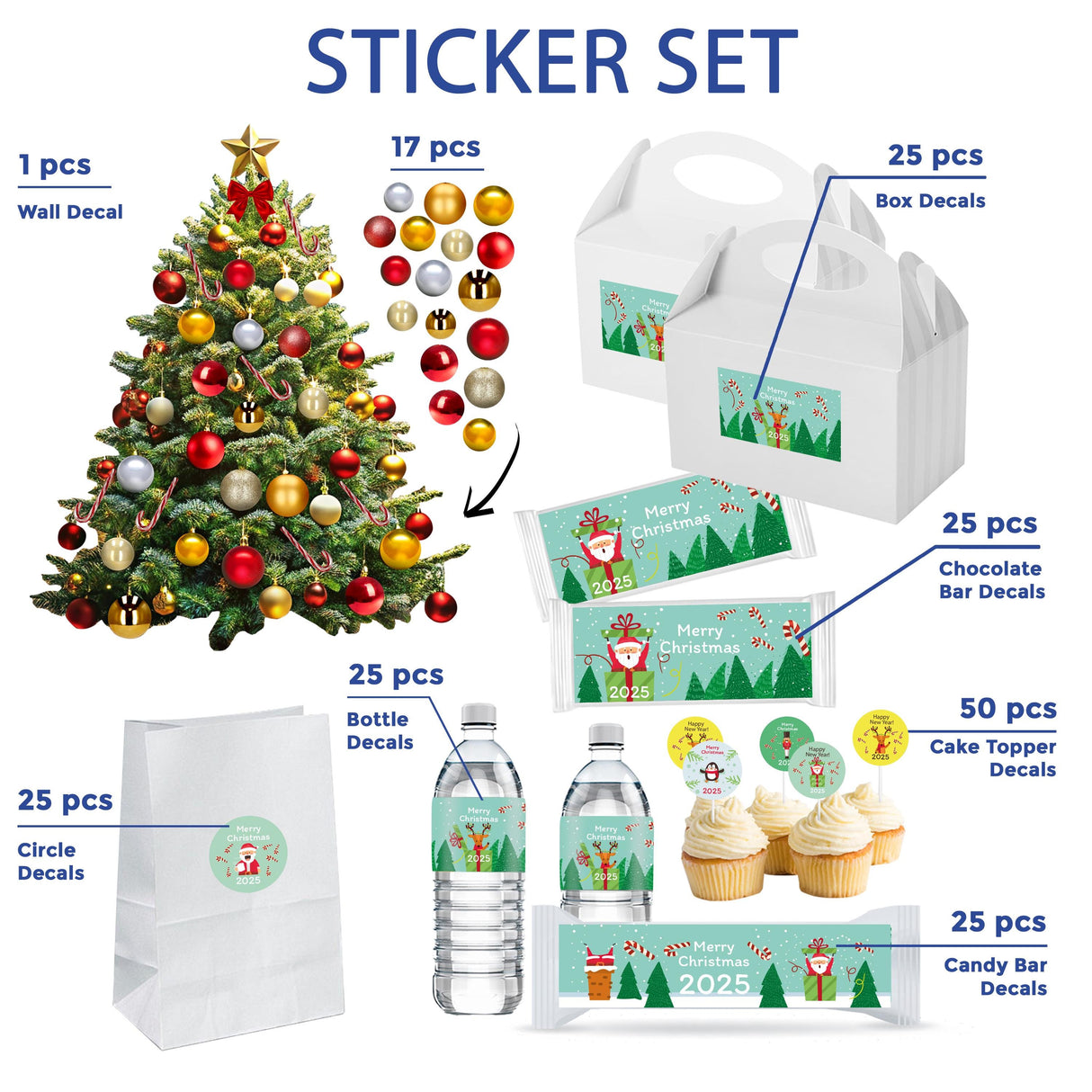Christmas Wish Tree Sticker Set with wall decal, box decals, chocolate bar decals, and more for festive holiday decorating.