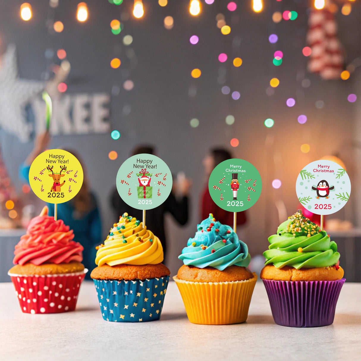Colorful cupcakes with festive toppers for Christmas and New Year celebrations, set against a cheerful background.