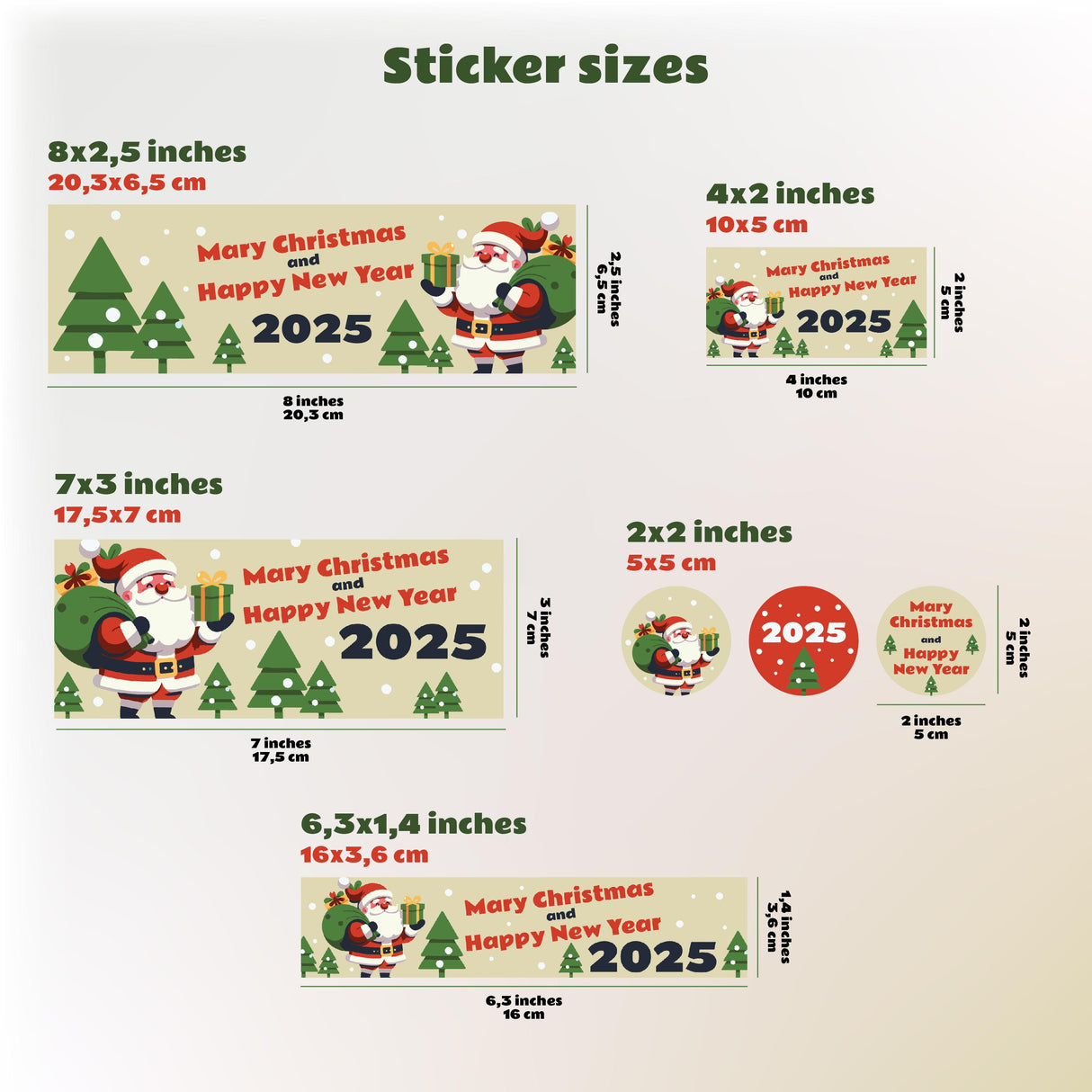 Christmas sticker sizes chart showing dimensions for personalized holiday labels and decals.