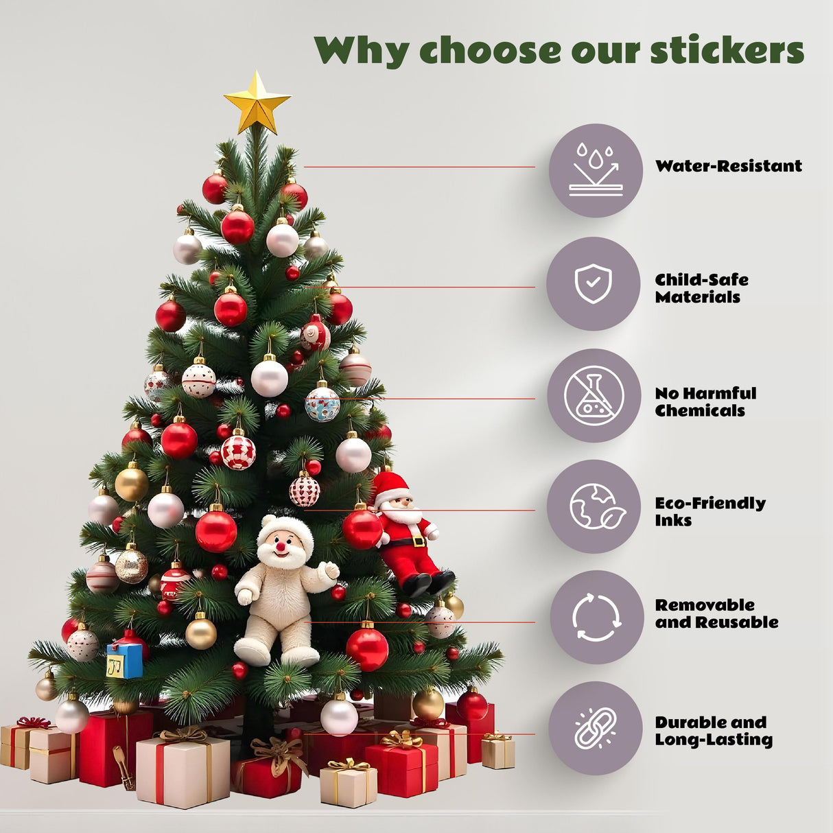 Christmas tree with labels highlighting features of water-resistant, eco-friendly, and child-safe stickers.