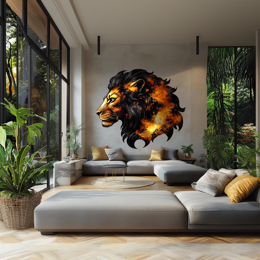 Orange and black lion portrait vinyl wall decal displayed in a modern interior.