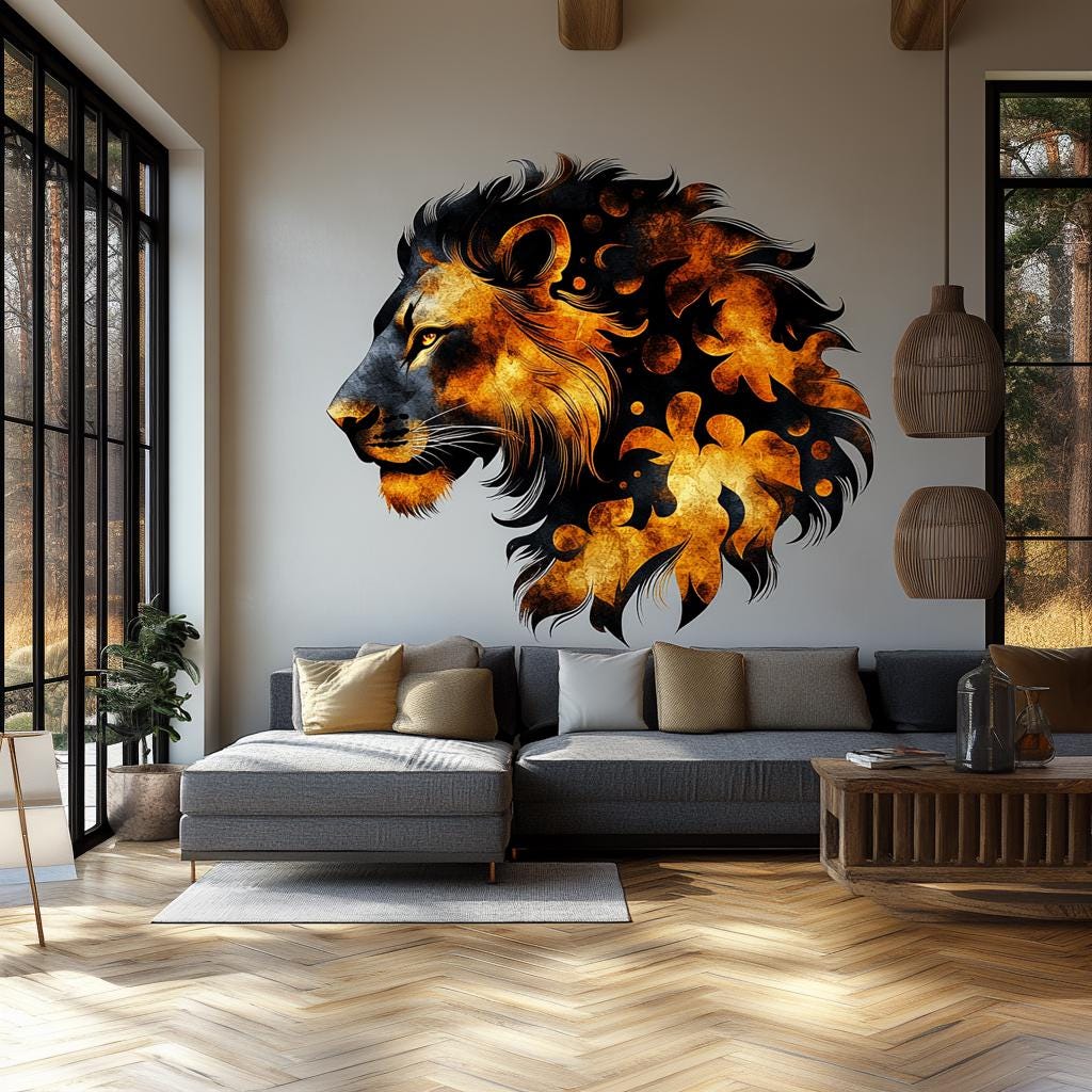 Abstract orange lion wall decal shown in an alternate furnished room view.