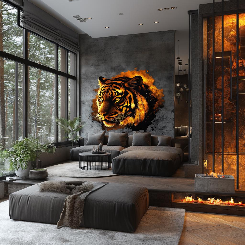 Fiery Tiger Wall Sticker Decal | Bold 3D Tiger Mural Art | Intense Animal Wall Decor for Living Room, Office, Bedroom, Safari Accent
