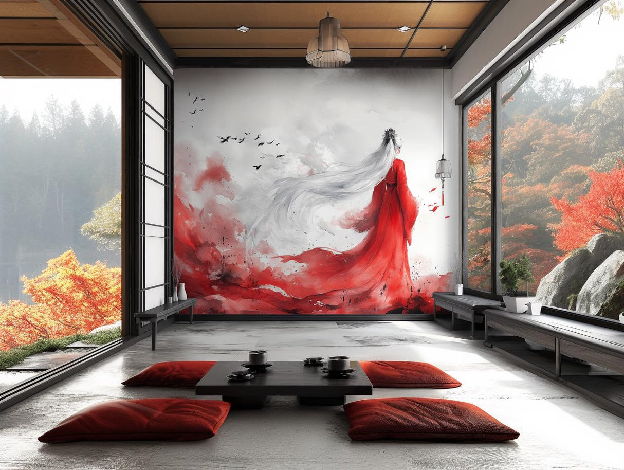 Asian-inspired wall mural featuring a woman in a red kimono, creating a stunning focal point in a modern living space.