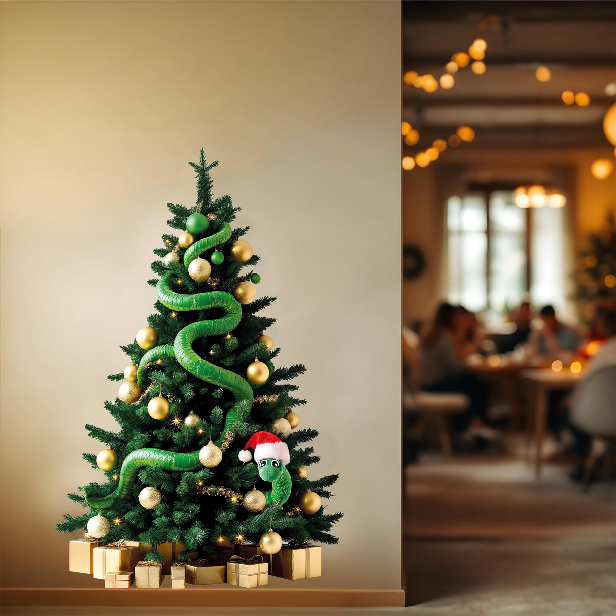 Festive Christmas tree decorated with green snake, gold ornaments, and gifts in a cozy, warm setting.