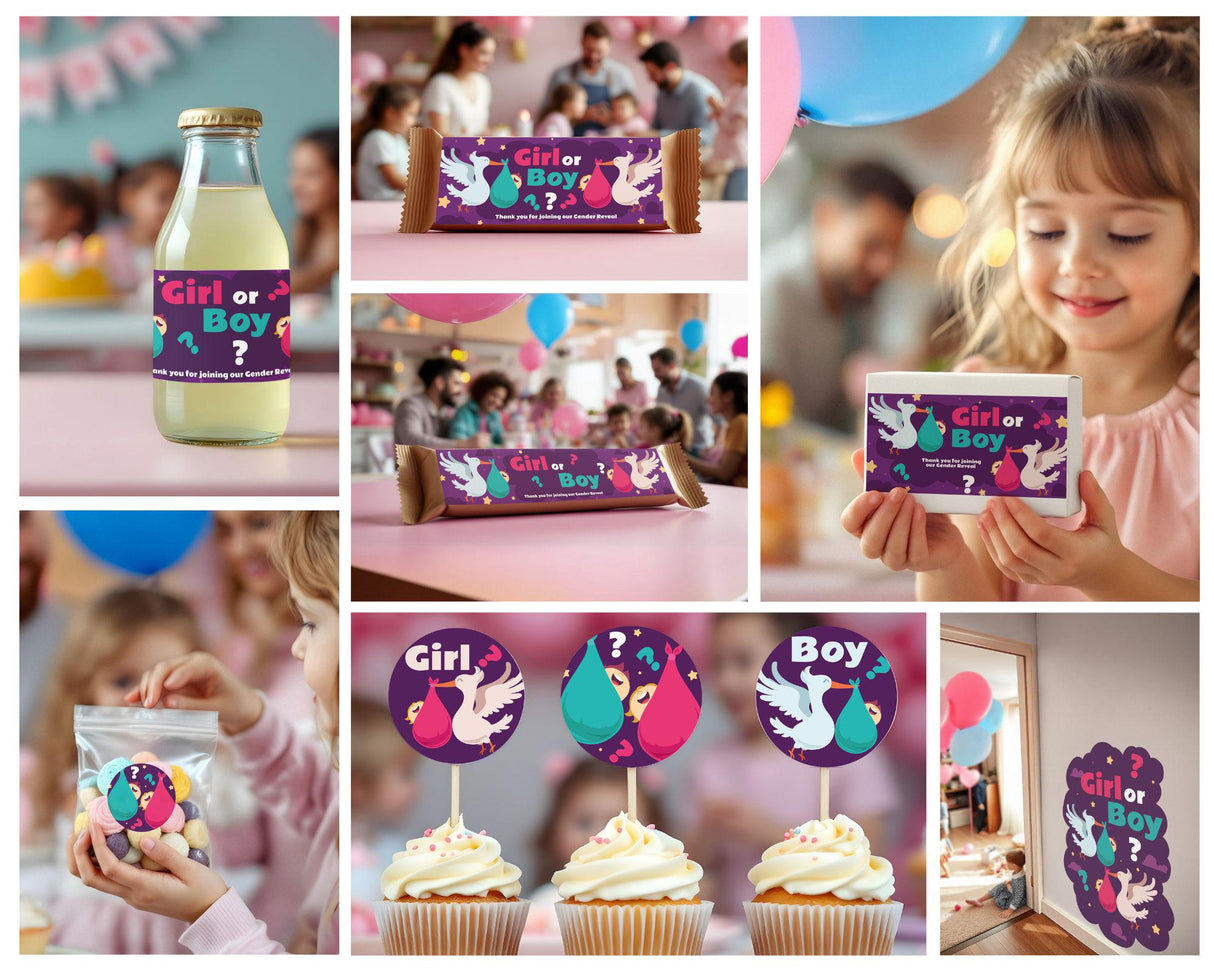 Collage of personalized gender reveal stickers on drinks, chocolates, and decor for a celebratory party.