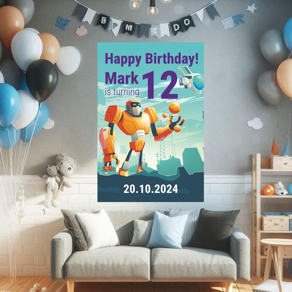 Colorful personalized birthday wall decal for a child's party featuring a robot theme and customizable details.