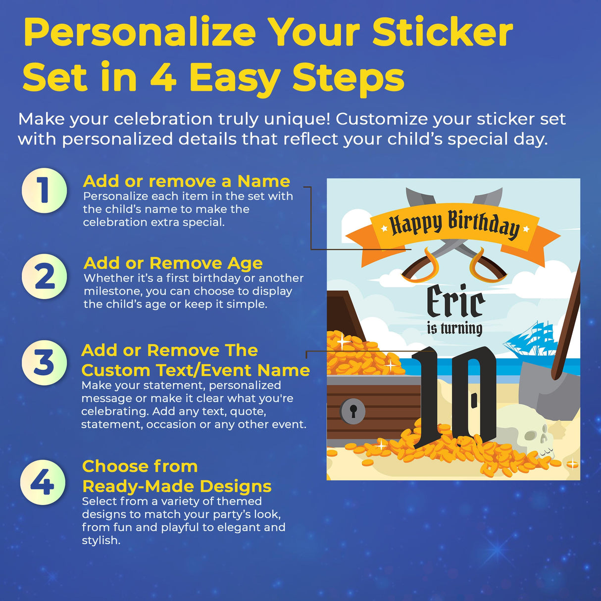 Instructions for personalizing Pirate Treasure Birthday Wall Stickers in 4 easy steps with colorful graphics.