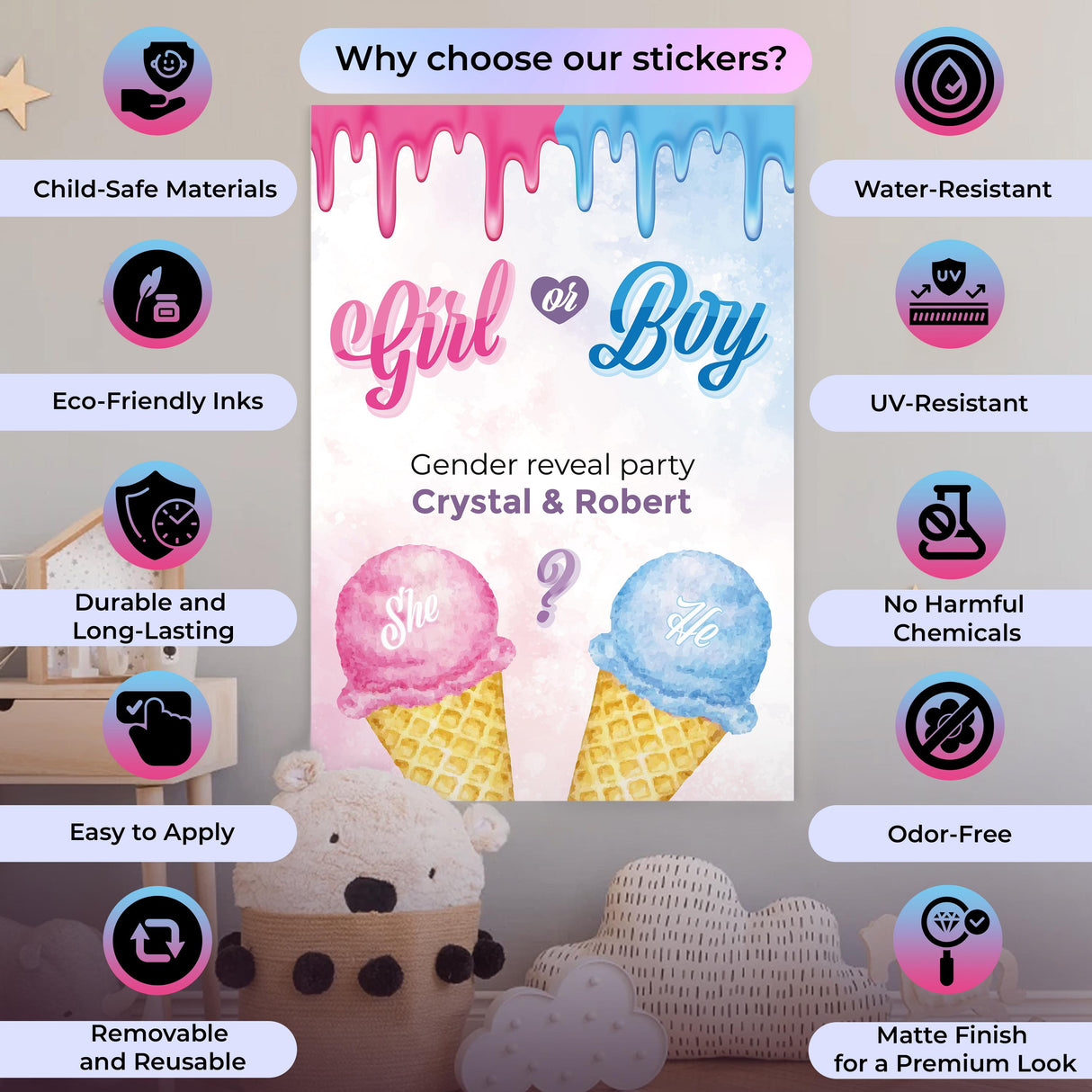 Gender reveal wall sticker with ice cream theme for baby shower decor. Features 'Girl or Boy' text.