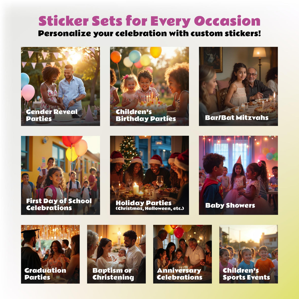 Collage of various party celebrations featuring custom sticker sets for occasions like birthdays, holidays, and graduations.