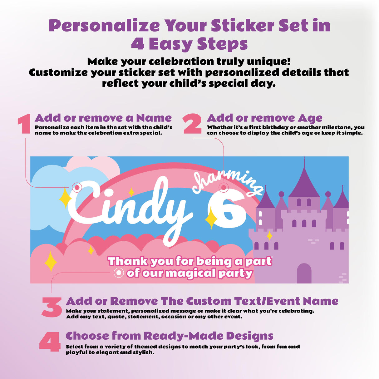 Instructions for personalizing a princess castle sticker set for a birthday party, with steps and example design.