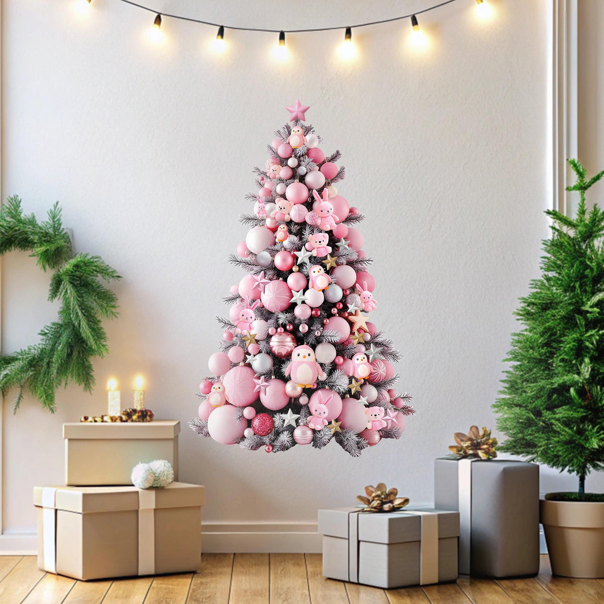 Pink Christmas Sticker Set | Personalized Holiday Labels for Bottles, Gifts Chocolates | Pastel Christmas Tree Wall Decal | Festive Decor *!