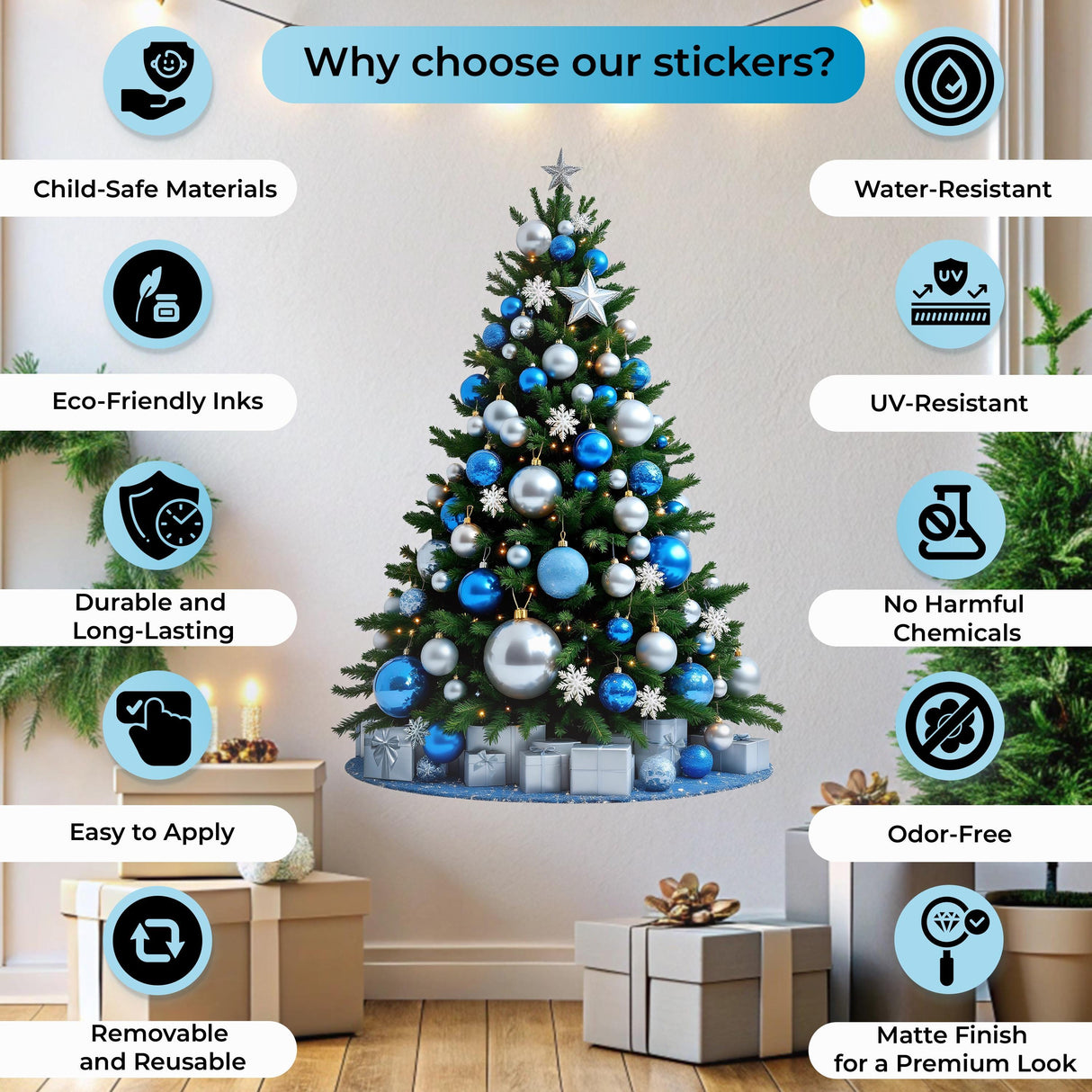 Child-safe, eco-friendly and durable blue and silver Christmas tree wall decal with festive decorations and features.
