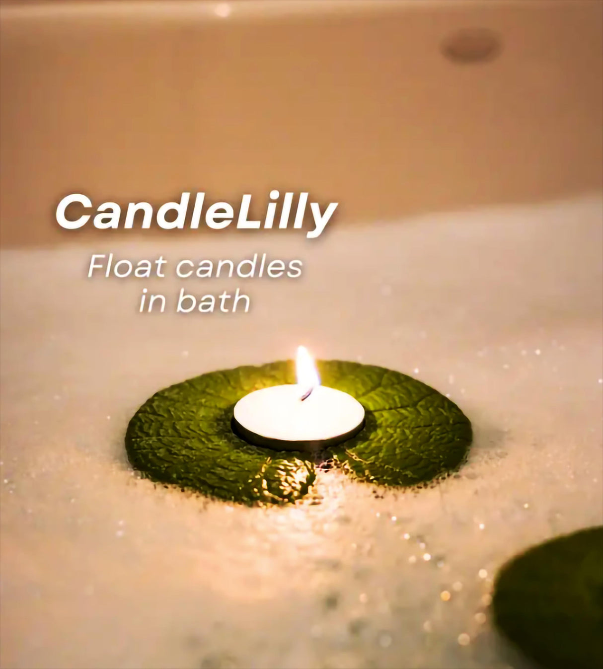 CandleLilly floating candle holder on a lily pad in a relaxing bath setting, perfect for spa-like ambiance.