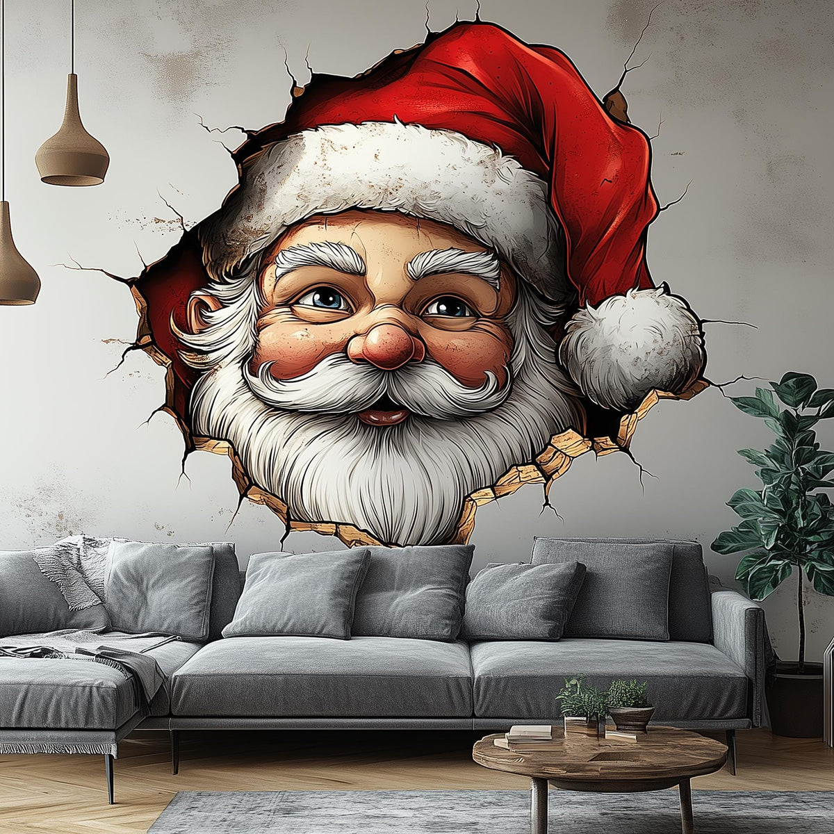 thumbnail: 3D Kerstman Muursticker - Gebroken Muur Cartoon Kerstman Voor Feestdecoratie