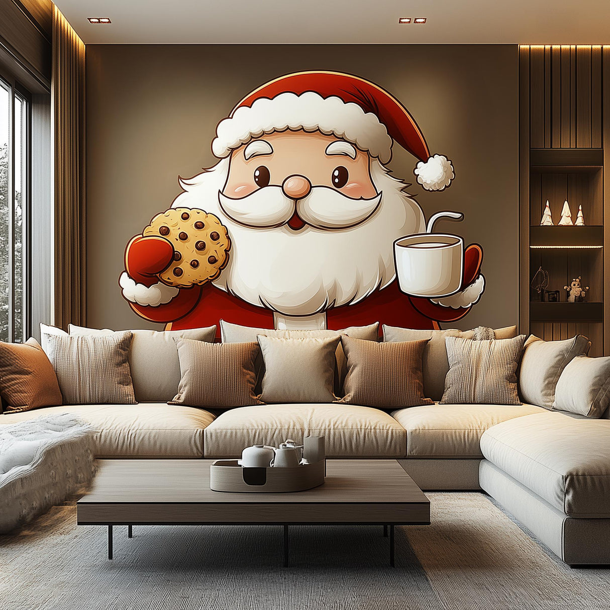 Santa Claus Wall Mural | Christmas Decor | Santa with Cookie and Mug Wall Art | Festive Holiday Wall Sticker | Large Christmas Wall Decal