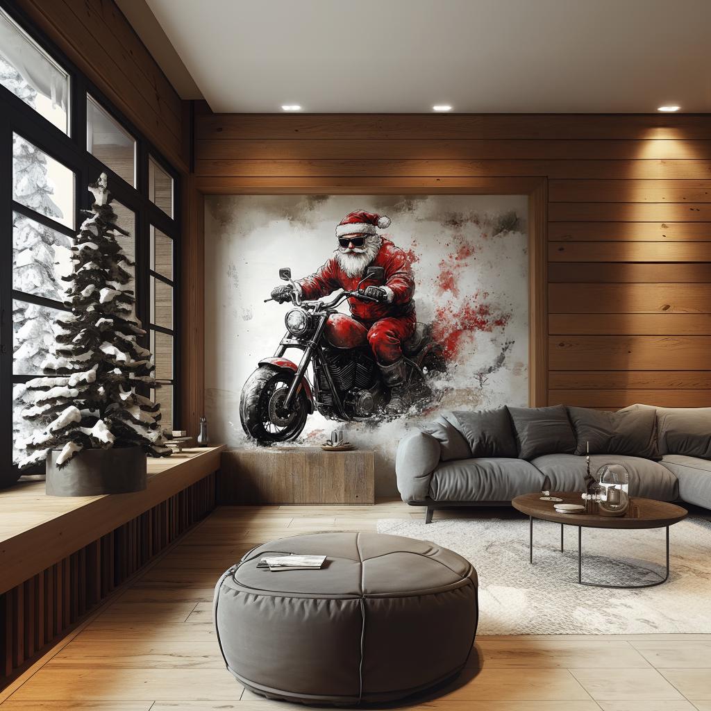 Biker Santa Claus wall mural, Santa on motorcycle, bold Christmas decor for man cave and holiday cheer.