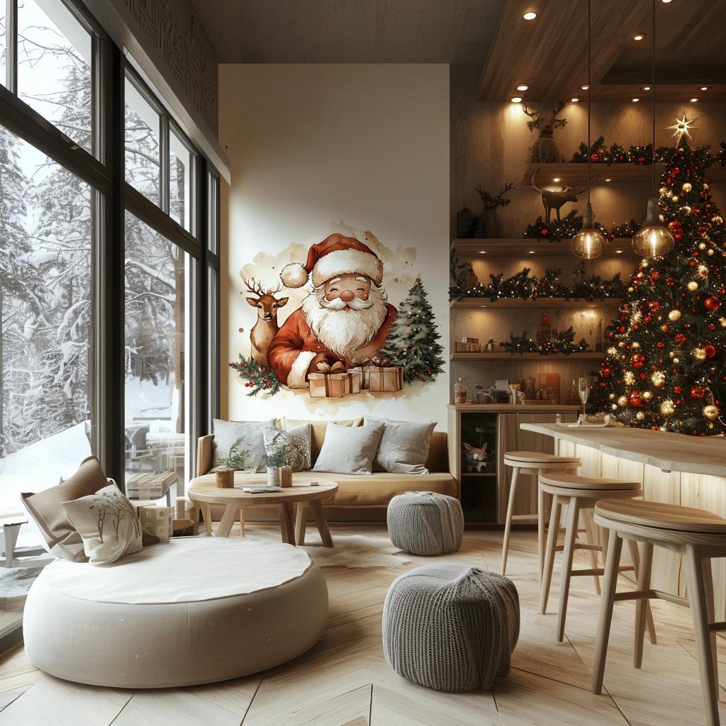 Santa Reindeer Wall Mural | Whimsical Christmas Decal | Holiday Wall Art with Tree Gifts | Festive Santa Claus Sticker Cozy Home Decoration