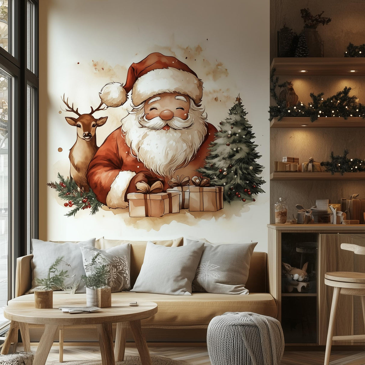 Santa Reindeer Wall Mural | Whimsical Christmas Decal | Holiday Wall Art with Tree Gifts | Festive Santa Claus Sticker Cozy Home Decoration