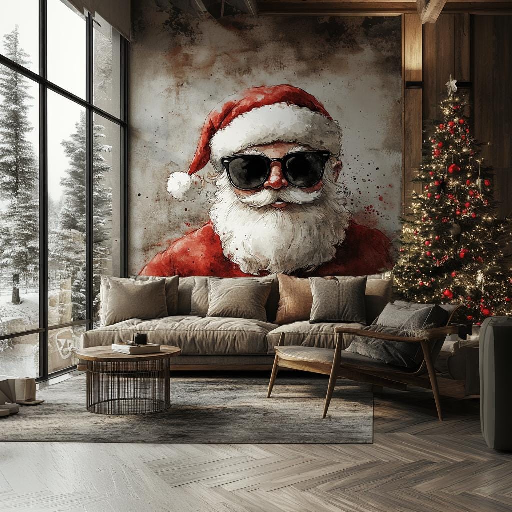 Cozy living room with Santa Claus wall mural in sunglasses, rustic decor, and Christmas tree for festive holiday vibes.